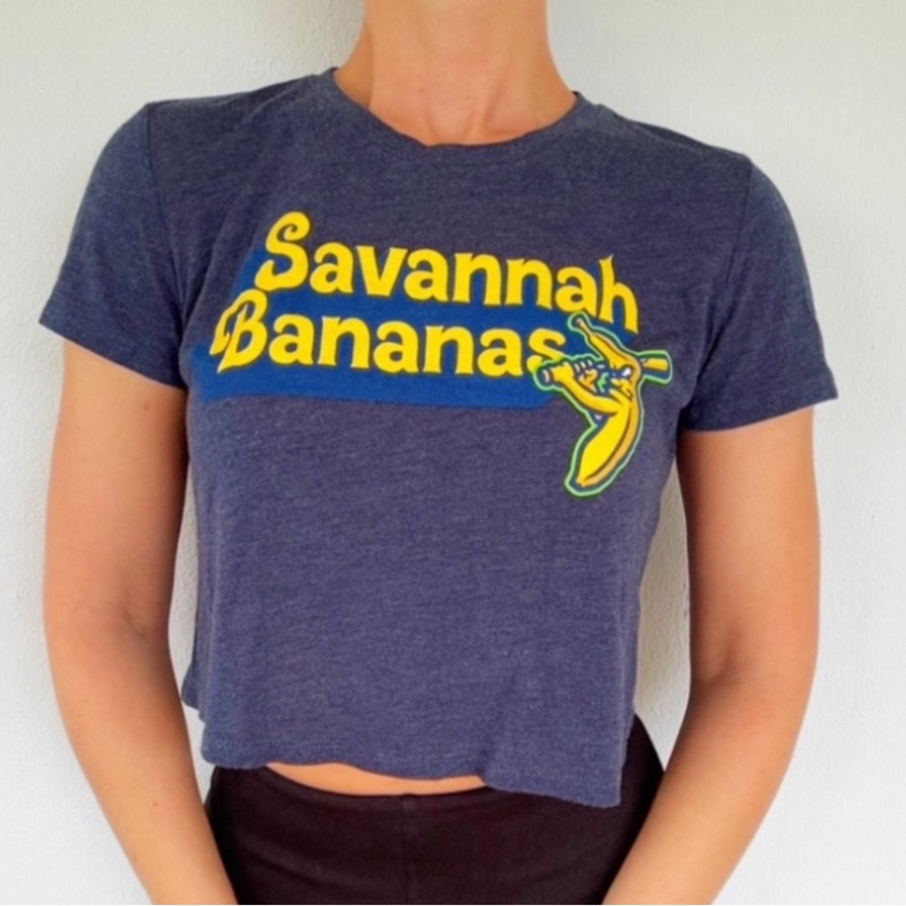 Savannah Bananas blue graphic logo print short sleeve crop top size small